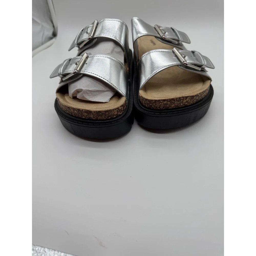 Viapipa Womens Silver Metallic Double Buckle Chunky Platform Slide Sandals‎ 9